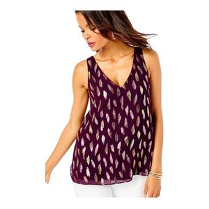 NWT Lilly Pulitzer Florin Tank in Cherry Ganache Floating Feathers Metallic Clip